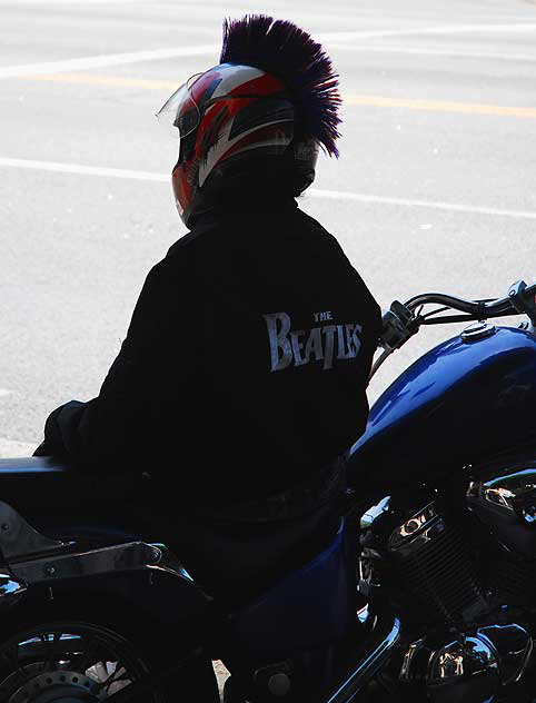 Motorcyclist on Hollywood Boulevard - Mohawk helmet and Beatles jacket
