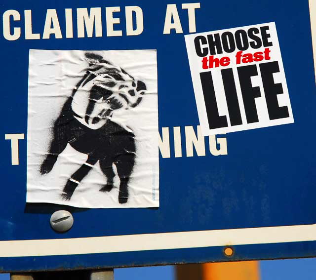 Stickers, La Cienega Boulevard at Saturn Street - mad dog and "Choose the Fast Life"