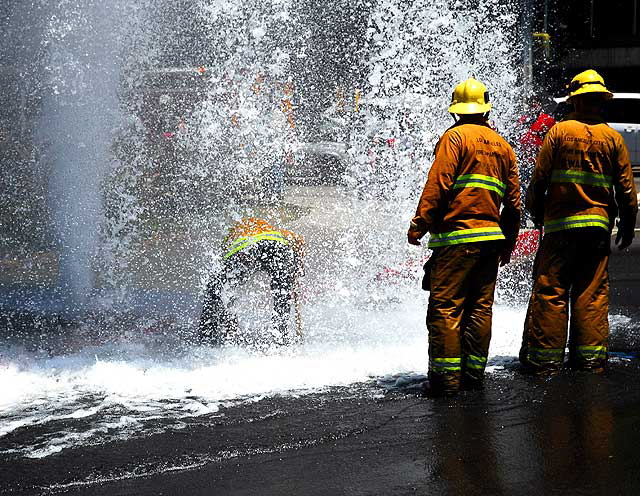 Broken fire hydrant, Tuesday, May 13, 2008, in the Wilshire District at noon - the northwest corner of Third and Vermont