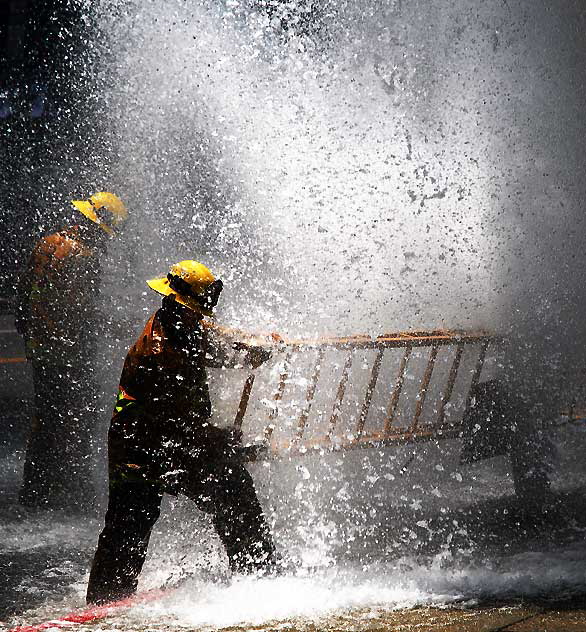 Broken fire hydrant, Tuesday, May 13, 2008, in the Wilshire District at noon - the northwest corner of Third and Vermont