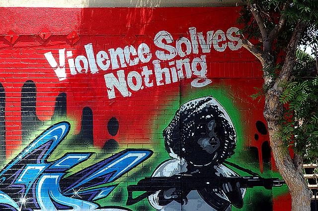 "Violence Solves Nothing" graphic - east Hollywood Boulevard, near Western Avenue 