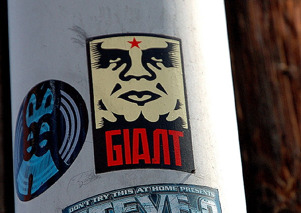 Stickers on light pole, La Cienega Boulevard