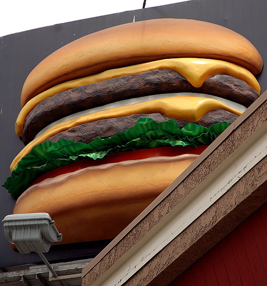 Three dimensional hamburger billboard at  the corner of Lincoln and Washington in Venice, California