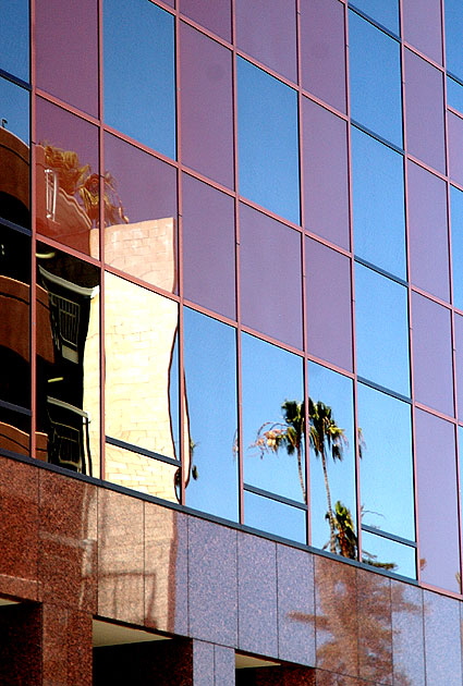 Office building with palm reflection, Westwood and Wilshire