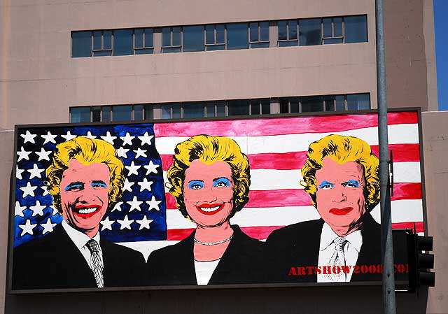 Obama, Clinton and McCain as Hollywood blonds, art billboard on Sunset Boulevard, Hollywood