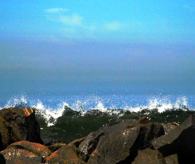 Waves pounding the breakwater at Venice Beach, north of the pier 