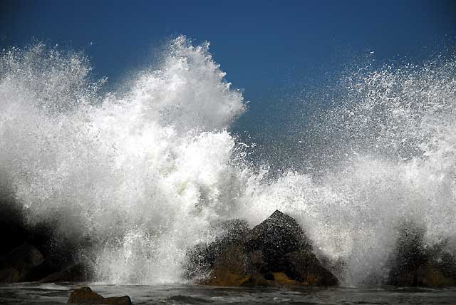 Waves pounding the breakwater at Venice Beach, north of the pier 