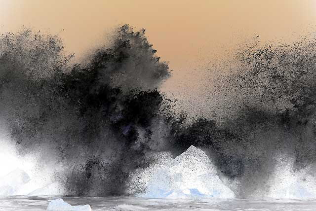 Waves pounding the breakwater at Venice Beach, north of the pier - negative print
