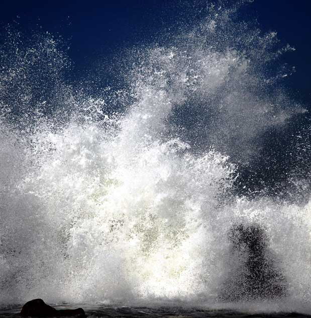 Waves pounding the breakwater at Venice Beach, north of the pier 