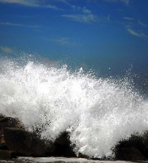 Waves pounding the breakwater at Venice Beach, north of the pier 