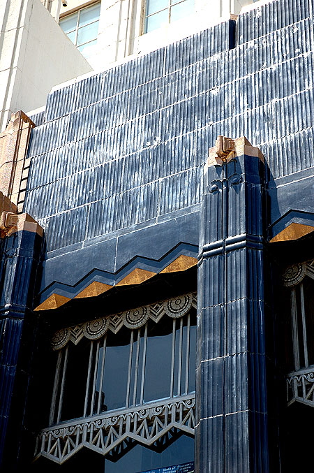 Security-First National Bank of Los Angeles branch at 5209 Wilshire Boulevard, 1929, Morgan, Walls and Clements (Stiles O. Clements' black-and-gold terra cotta design)