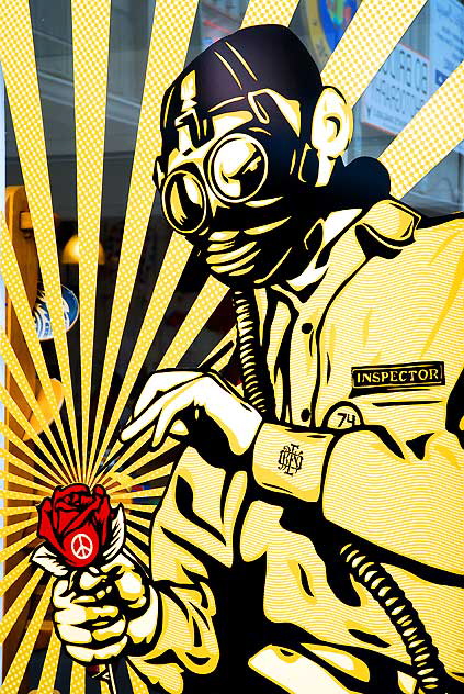 Gas mask and peace rose graphic, window of surf shop, Pier Avenue, Hermosa Beach