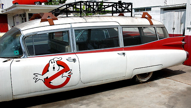 1959 Cadillac Miller-Meteor limo-style endloader combination (hearse/ambulance) used in the 1984 film Ghostbusters, known popularly as the Ectomobile (as in ectoplasm)