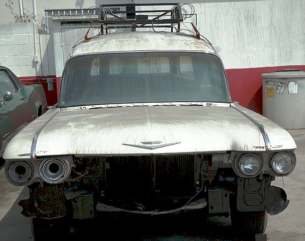 1959 Cadillac Miller-Meteor limo-style endloader combination (hearse/ambulance) used in the 1984 film Ghostbusters, known popularly as the Ectomobile (as in ectoplasm)