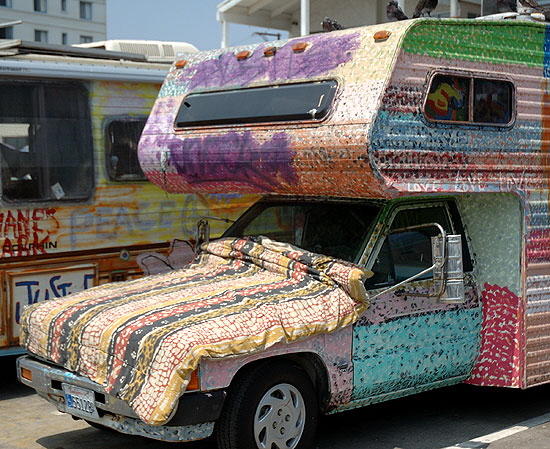 A bit of Americana at Venice Beach  where the sixties never ended  Diane's Ark, "The Spirit of Venice," and the companion truck in the lot where Rose Avenue ends at Ocean Front Walk.