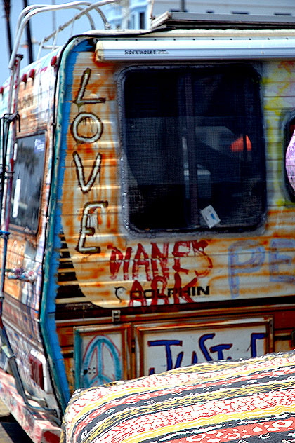 A bit of Americana at Venice Beach  where the sixties never ended  Diane's Ark, "The Spirit of Venice," and the companion truck in the lot where Rose Avenue ends at Ocean Front Walk.