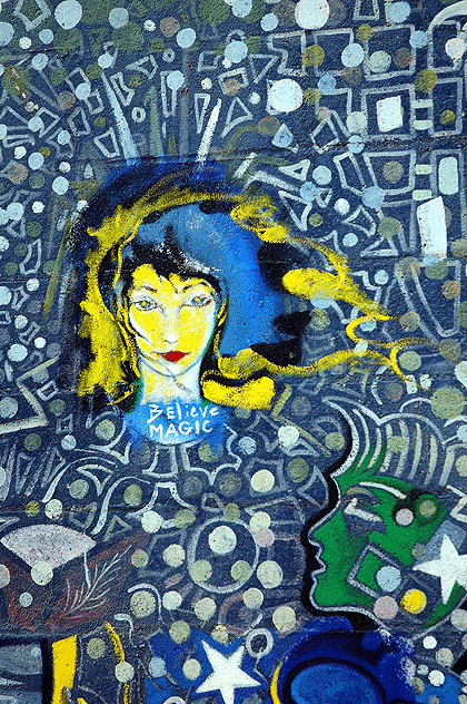 Mxed media mural (acrylic and shards of broken bits of mirror, on stucco) at the Candle Cafe & Grill, 325 Ocean Front Walk, Venice