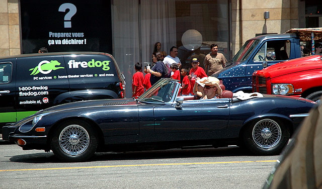 Cruising Hollywood Boulevard in a Jaguar E-Type 
