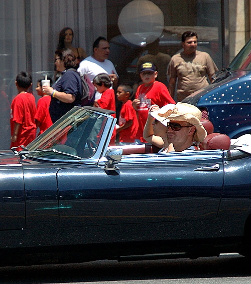 Cruising Hollywood Boulevard in a Jaguar E-Type 