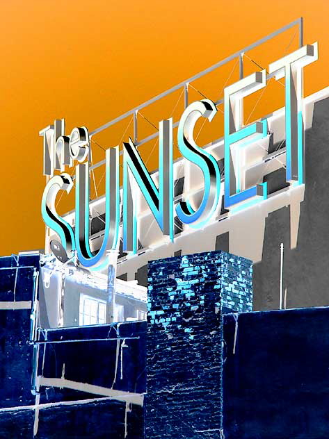 "The Sunset" - sign at Sunset Boulevard and Sunset Plaza Drive - negative print