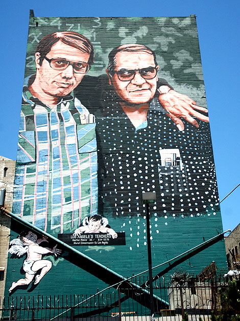 Los Angeles Teachers - Mural of Jaime Escalante and Edward James Olmos -  Hector Ponce, 1997 - Northeast corner of Wilshire and Alvarado, facing MacArthur Park 