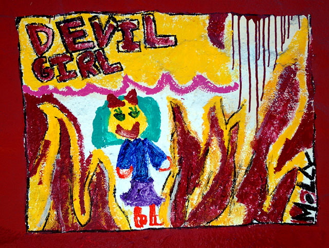 "Devil Girl" (Molly) on red wall, off Melrose Avenue