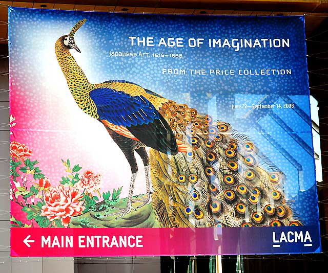 Banner for "The Age of Imagination: Japanese Art, 1615-1868" above the entrance of the Los Angeles County Museum of Art (LACMA) - Wilshire Boulevard