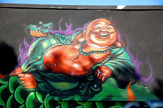 Happy Buddha with big belly - CBS Crew graffiti wall in alley behind Melrose Avenue, Los Angeles (Hollywood area)