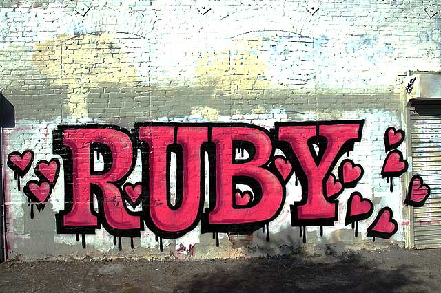 Valentine graphic "Ruby" on white brick wall, alley behind Melrose Avenue, Los Angeles (Hollywood area)