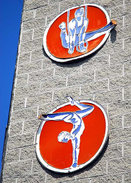 Signage at gymnastics center, Main Street, Venice Beach, California