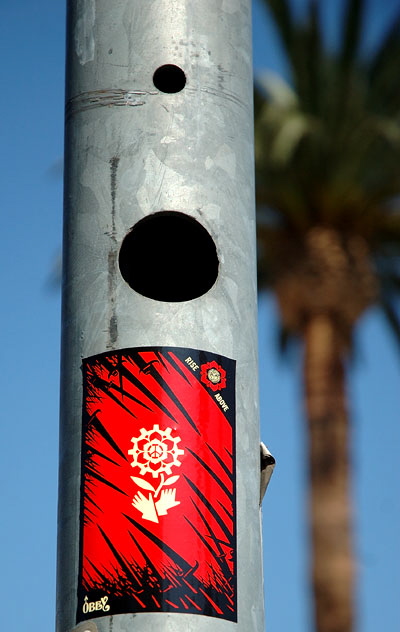 Red sticker on pole, Sunset Boulevard