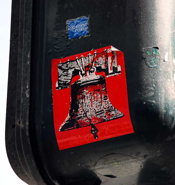 Liberty Bell, American Express - stickers on traffic signal, Santa Monica