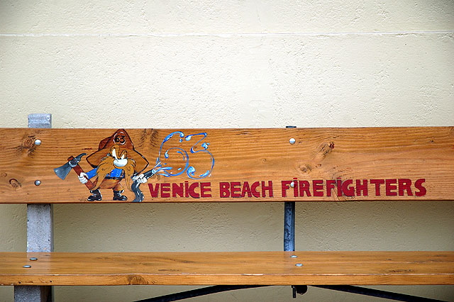 Bench at firehouse, Venice Boulevard