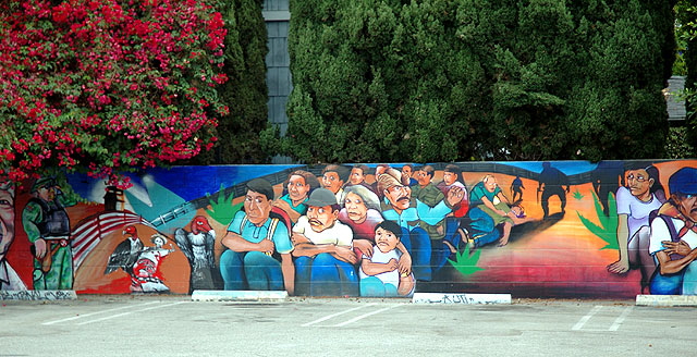 The "New World Border" mural in the parking lot behind the offices of The Social and Public Art Resource Center (SPARC), 685 Venice Boulevard