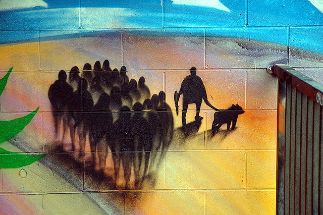 The "New World Border" mural in the parking lot behind the offices of The Social and Public Art Resource Center (SPARC), 685 Venice Boulevard