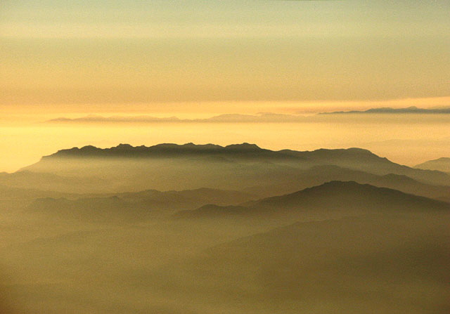 Santa Monica Mountains at sunset from the air