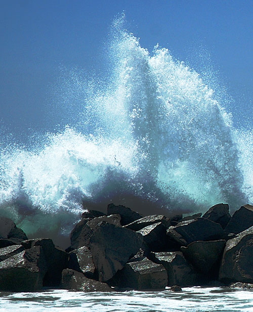 The breakwater just north of the pier, Venice Beach  backlit high surf just after noon on an early September day 