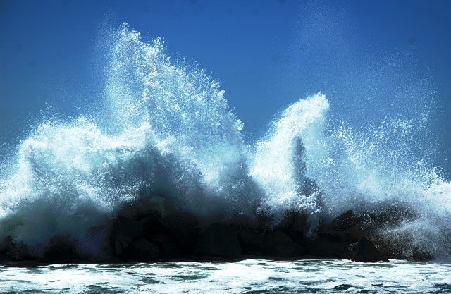 The breakwater just north of the pier, Venice Beach  backlit high surf just after noon on an early September day 