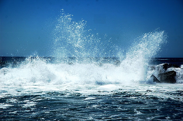 The breakwater just north of the pier, Venice Beach  backlit high surf just after noon on an early September day 