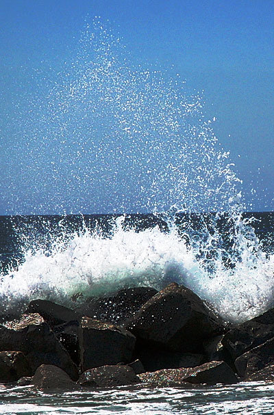 The breakwater just north of the pier, Venice Beach  backlit high surf just after noon on an early September day 