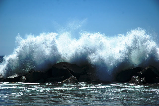 The breakwater just north of the pier, Venice Beach  backlit high surf just after noon on an early September day 