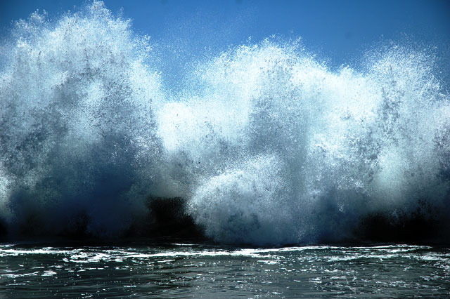 The breakwater just north of the pier, Venice Beach  backlit high surf just after noon on an early September day 