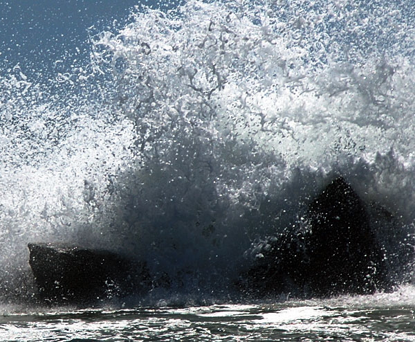 The breakwater just north of the pier, Venice Beach  backlit high surf just after noon on an early September day 