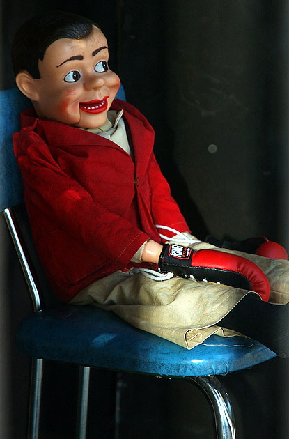 Ventriloquist dummy with boxing gloves in window on Hollywood Boulevard 