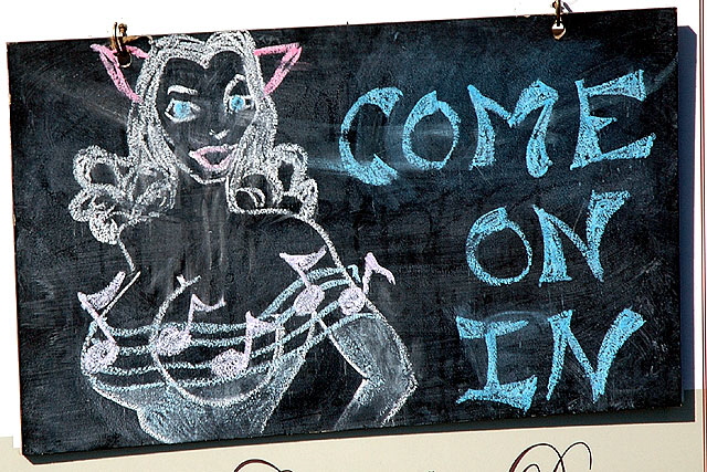 Chalk welcome sign at Kung Pao Kitty, Hollywood Boulevard