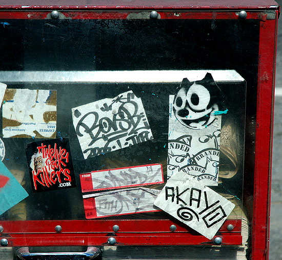 Stickers on news box, Sunset Boulevard, Hollywood