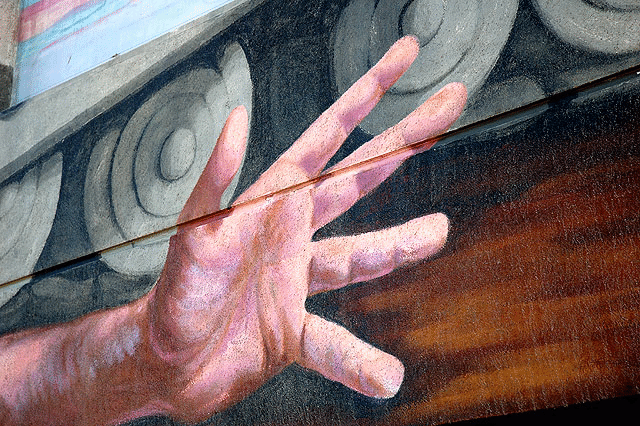 Mural detail, Venice Beach - hand, Emily Winters' mural "Endangered Species" (1990), Venice Beach