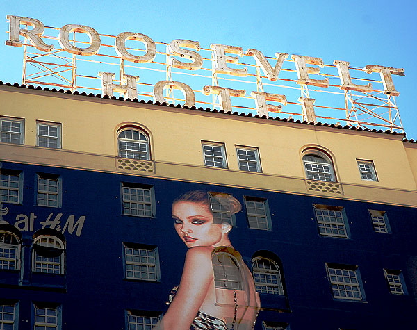 Woman on the side of the Roosevelt Hotel, Hollywood Boulevard