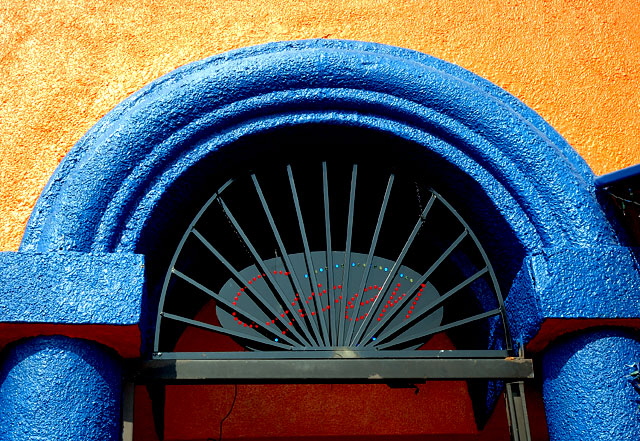 Door of taco restaurant, La Brea at Melrose