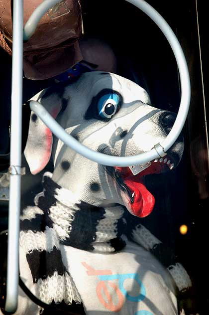 Dog figurine with white neon in shop window at "Pop Killer" on Guitar Row, Sunset Boulevard, Hollywood